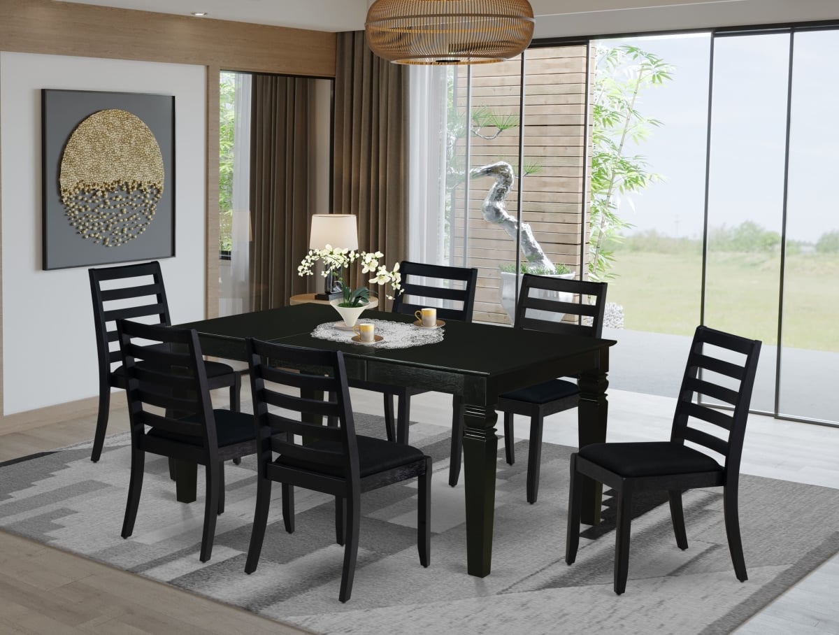 WEX17-BLK-24 Dining Set, Black - A Rectangular Table & 6 Stackable Linen Fabric Chairs - 7 Piece