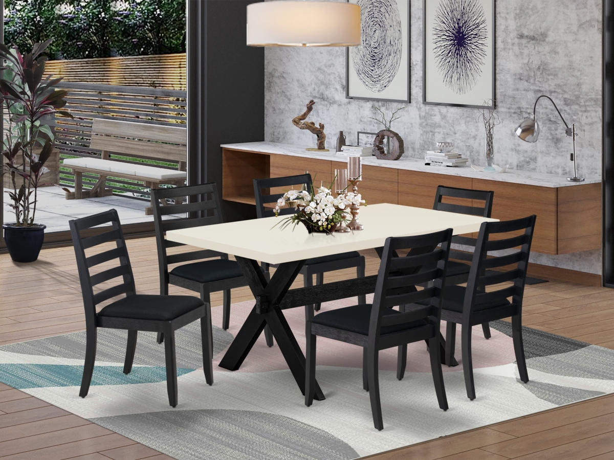 X626X1624-7 Kitchen Table Set, Linen White - A Wooden Table & 6 Stackable Chairs with Black Linen Fabric - 7 Piece
