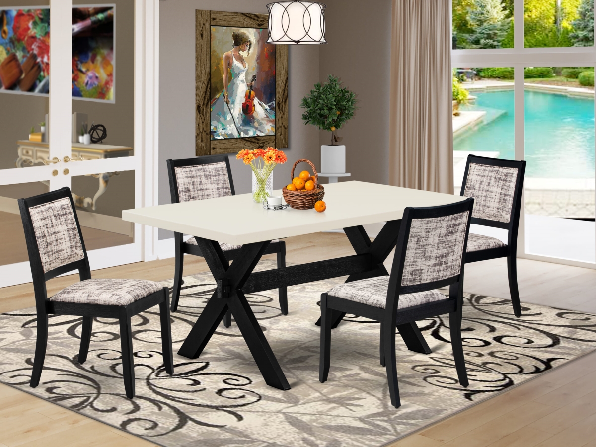 X626X2630-5 Dining Set, Linen White - A Dining Table & 4 Stackable Chairs with White & Gray Pattern Faux Leather Fabric - 5 Piece