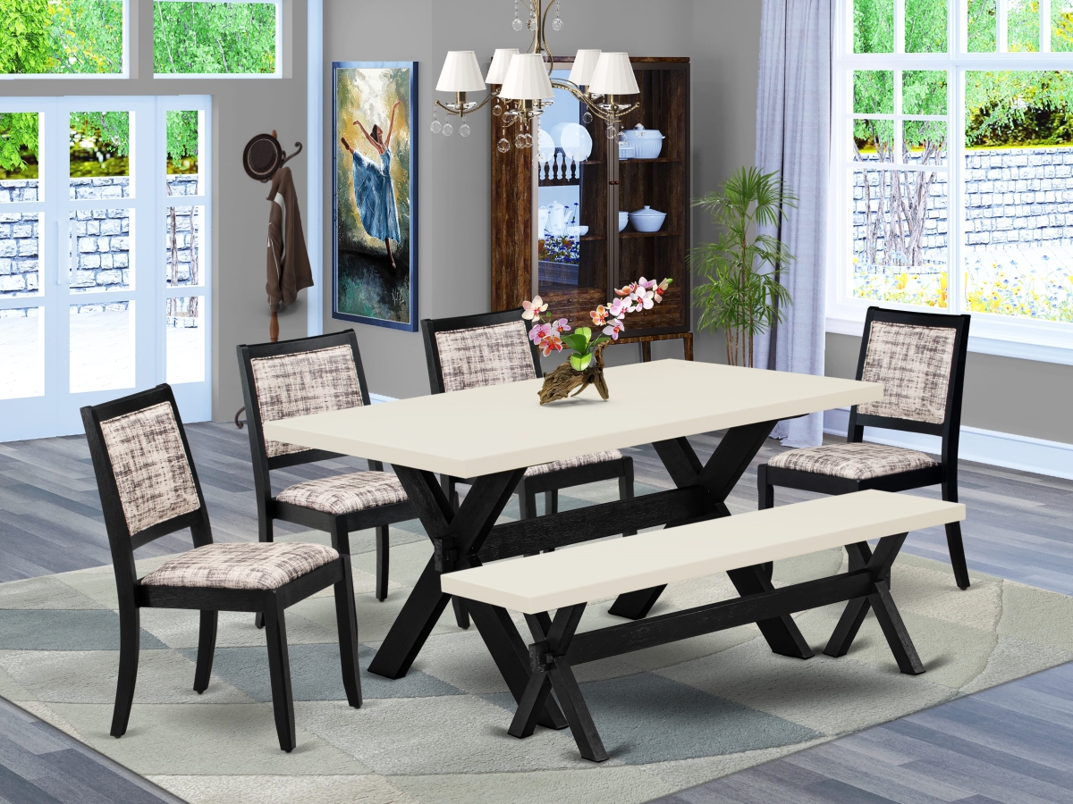 X626X2630-6 Dining Set, Linen White - A Table & A Bench & 4 Stackable Chairs with White & Gray Pattern Faux Leather Fabric - 6 Piece