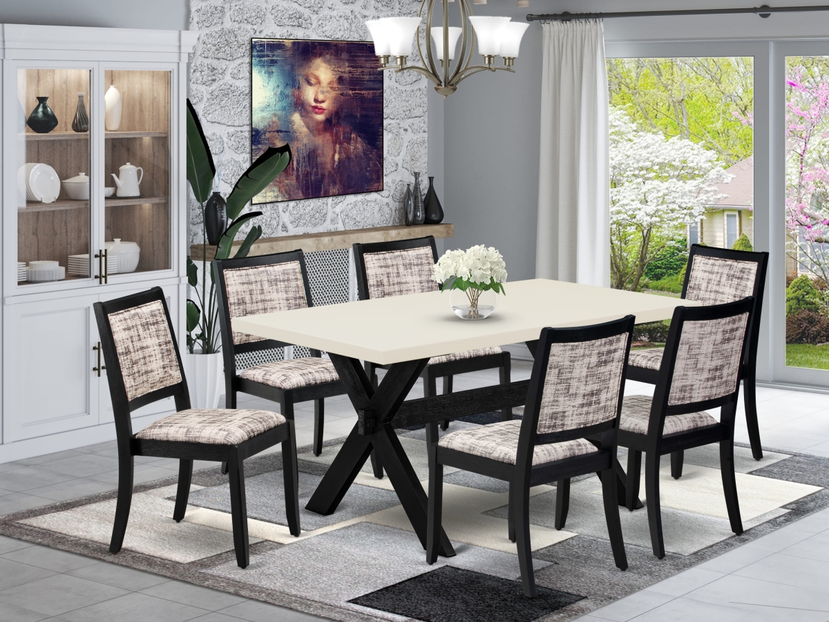 X626X2630-7 Kitchen Table Set, Linen White - A Table & 6 Stackable Chairs with White & Gray Pattern Faux Leather Fabric - 7 Piece