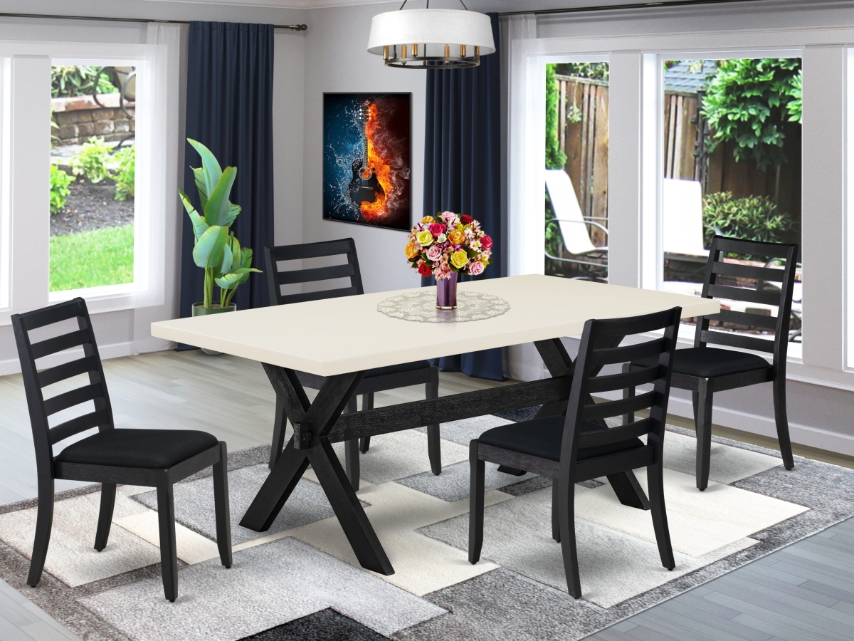 X627X1624-5 Modern Dining Set, Linen White - A Kitchen Table & 4 Stackable Chairs with Black Linen Fabric - 5 Piece