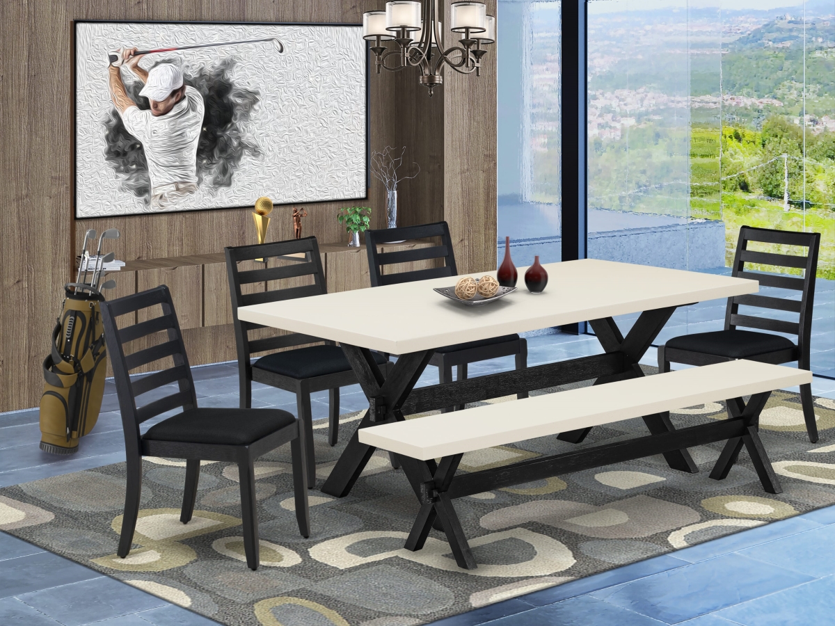 X627X1624-6 Kitchen Table Set, Linen White - A Dinner Table & A Bench & 4 Stackable Chairs with Black Linen Fabric - 6 Piece
