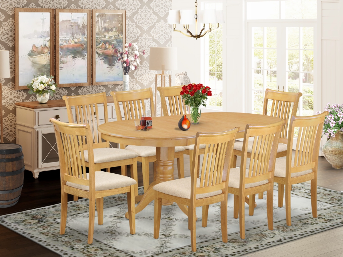 VAPO9-OAK-C Vancouver Dining Table with One 17 in. Leaf & 8 Cushioned Dinette Chairs In Oak Finish., Oak - 9 Piece