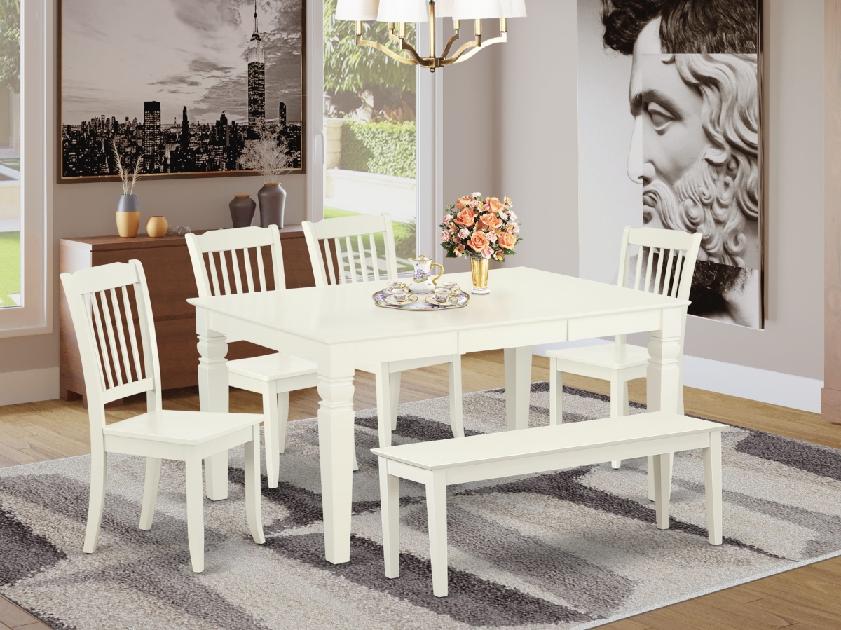 WEDA6-LWH-W Rectangular 0.677 in. Dining Table with 18 In Leaf & Four Wood Seat Dining Chairs Plus 1 Bench, Linen White