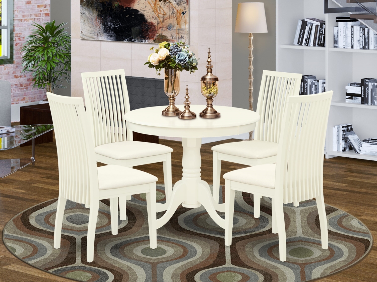 ANIP5-LWH-C Dining Set, Linen White - A Round Dinette Table & Four Linen Seat Dining Chairs - 5 Piece