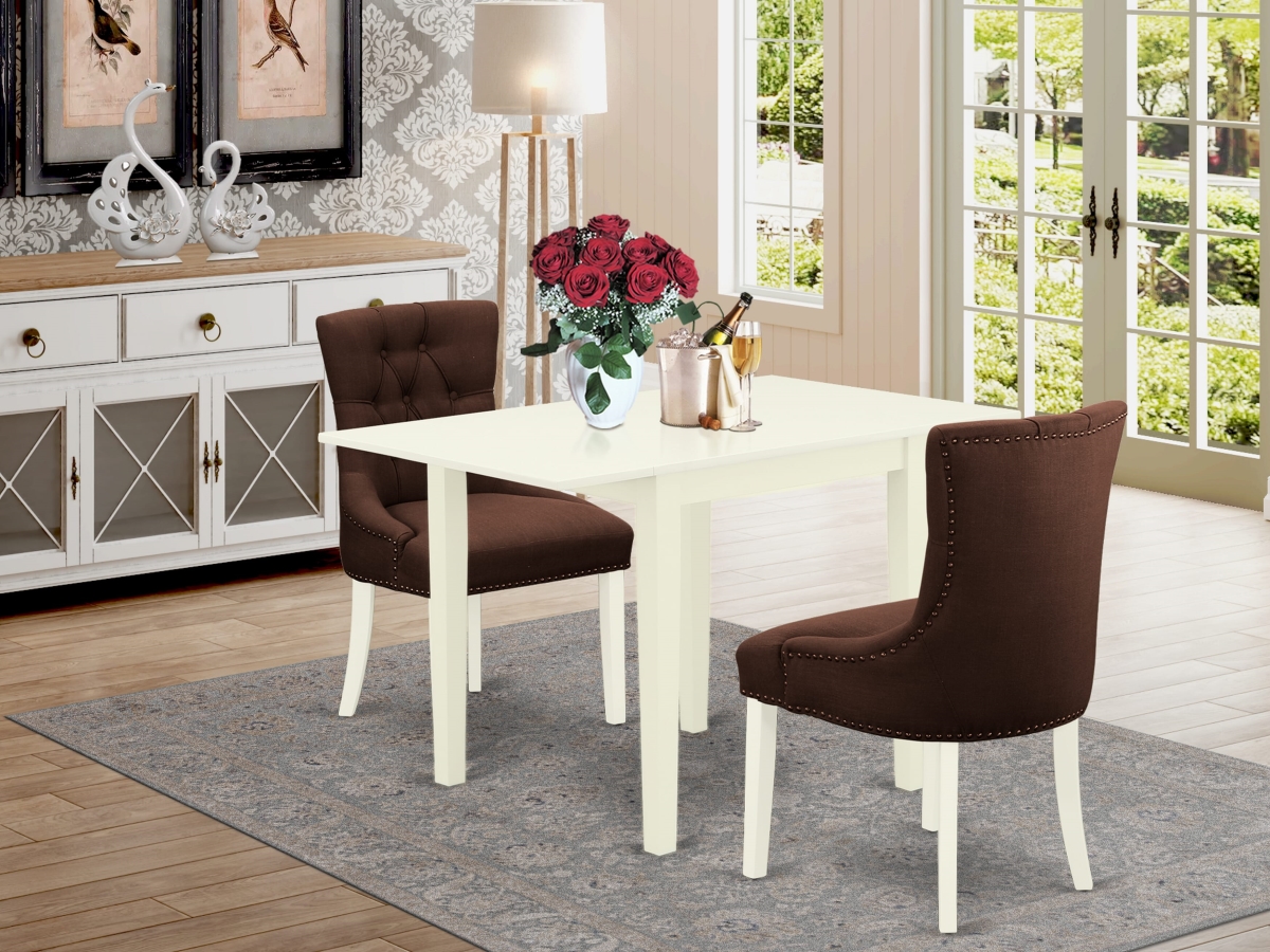 NDFR3-LWH-19 2 Dining Room Chairs & Wood Table Finish Wood Dinette Set, Linen White - Chocolate Color Linen Fabric - 3 Piece