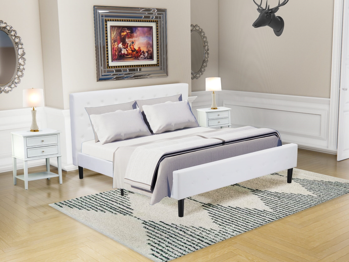 NLF-19-K Nolan Platform Bed, White Velvet - Button Tufted Linen White Velvet Fabric Upholstered Headboard & Footboard Legs - King Size