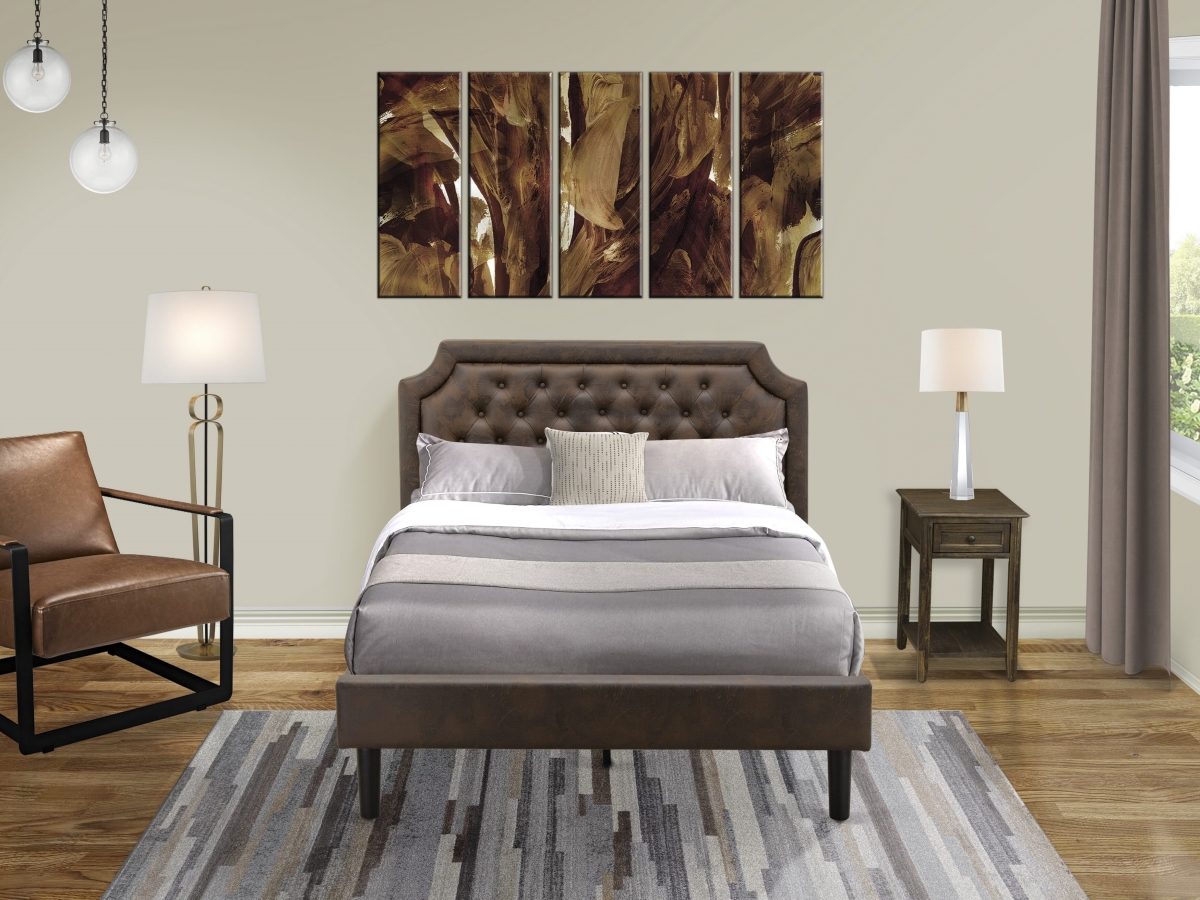 GB25F-1DE07 Full Bed Set with Bed & 1 Distresses Jacobean Mid Century Nightstand, Black Textured - Dark Brown Faux Leather & Black Legs - 2 Piece