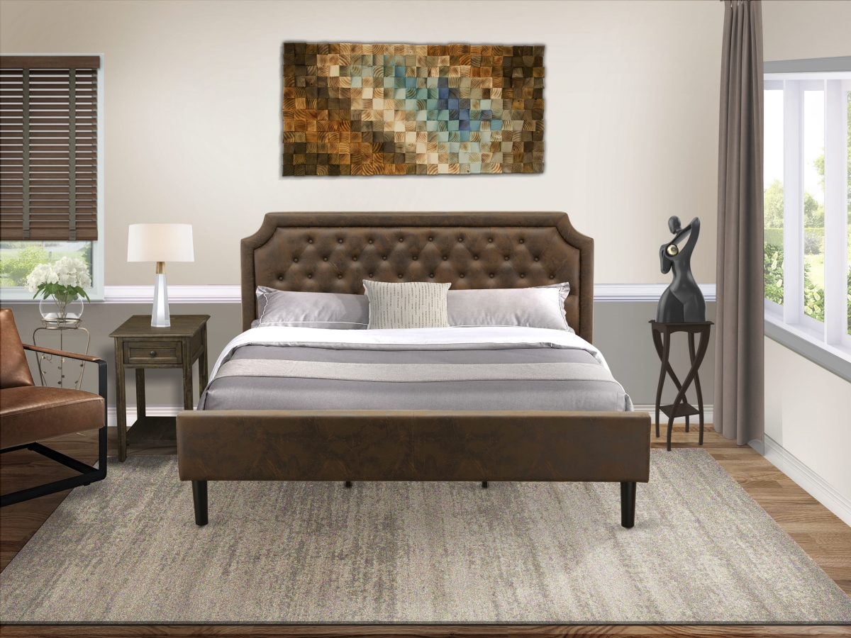 GB25K-1DE07 Bedroom Set with King Frame & 1 Distressed Jacobean Small End Table, Black Textured - Dark Brown Faux Leather & Black Legs - 2 Piece