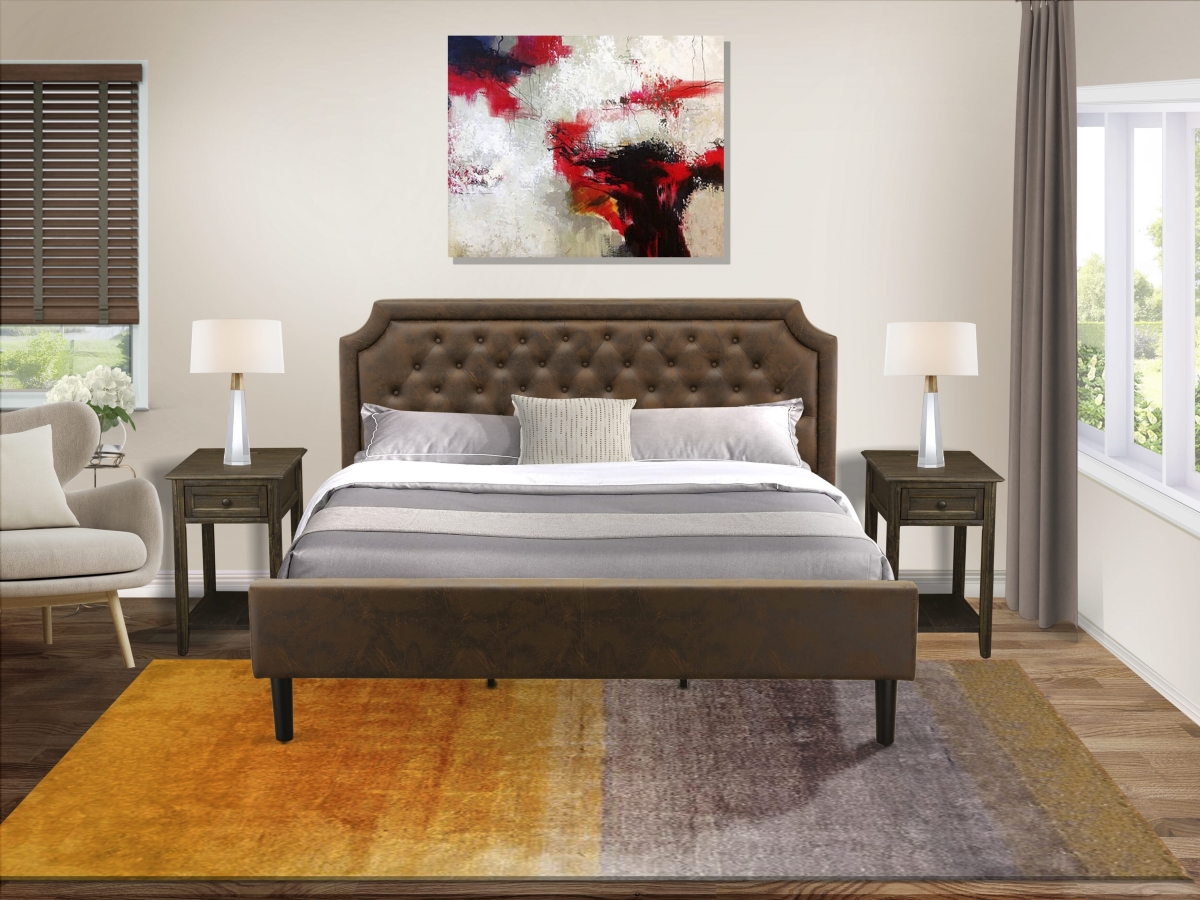GB25K-2DE07 Wooden Set for Bedroom with Bed & 2 Distressed Jacobean Night Stands, Black Textured - Dark Brown Faux Leather & Black Legs - 3 Piece