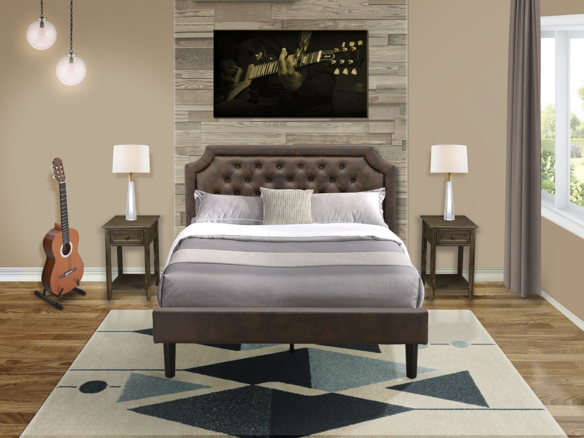GB25Q-2DE07 Granbury Bed Set with Wood Bed & 2 Distressed Jacobean Night Stands, Black Textured - Dark Brown Faux Leather & Black Legs - 3 Piece
