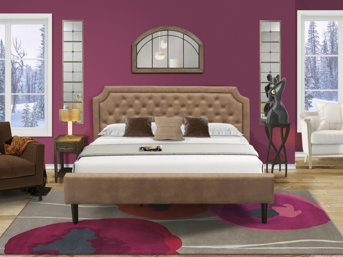GB28K-1DE07 King Size Bedroom Set with Frame & Distressed Jacobean Modern Nightstand, Brown - Faux Leather & Black Legs - 2 Piece