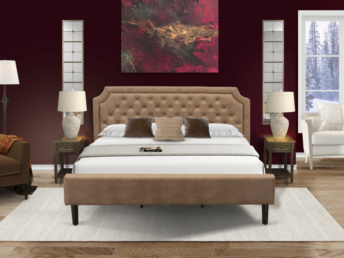 GB28K-2DE07 Platform Bed Set with Bed & 2 Distressed Jacobean Modern Nightstands, Brown - Faux Leather & Black Legs - 3 Piece