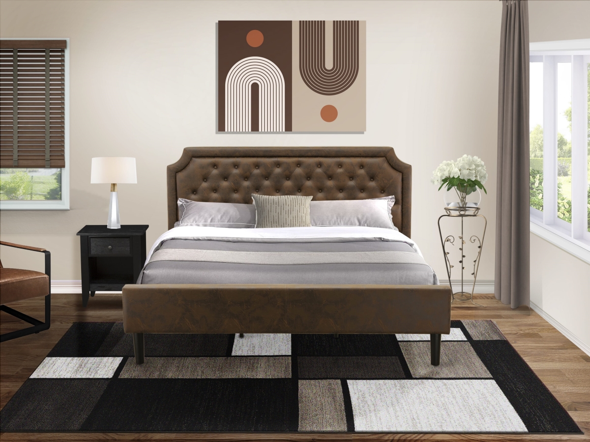 GB25K-1GA06 Granbury Bedroom Set with Frame & Wire Brushed Black Nightstand, Black Textured - Dark Brown Faux Leather & Black Legs - 2 Piece