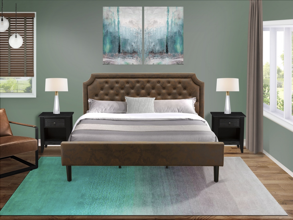 GB25K-2GA06 Bedroom Set with Bed & 2 Wire Brushed Black End Tables for Bedroom, Black Textured - Dark Brown Faux Leather & Black Legs - 3 Piece