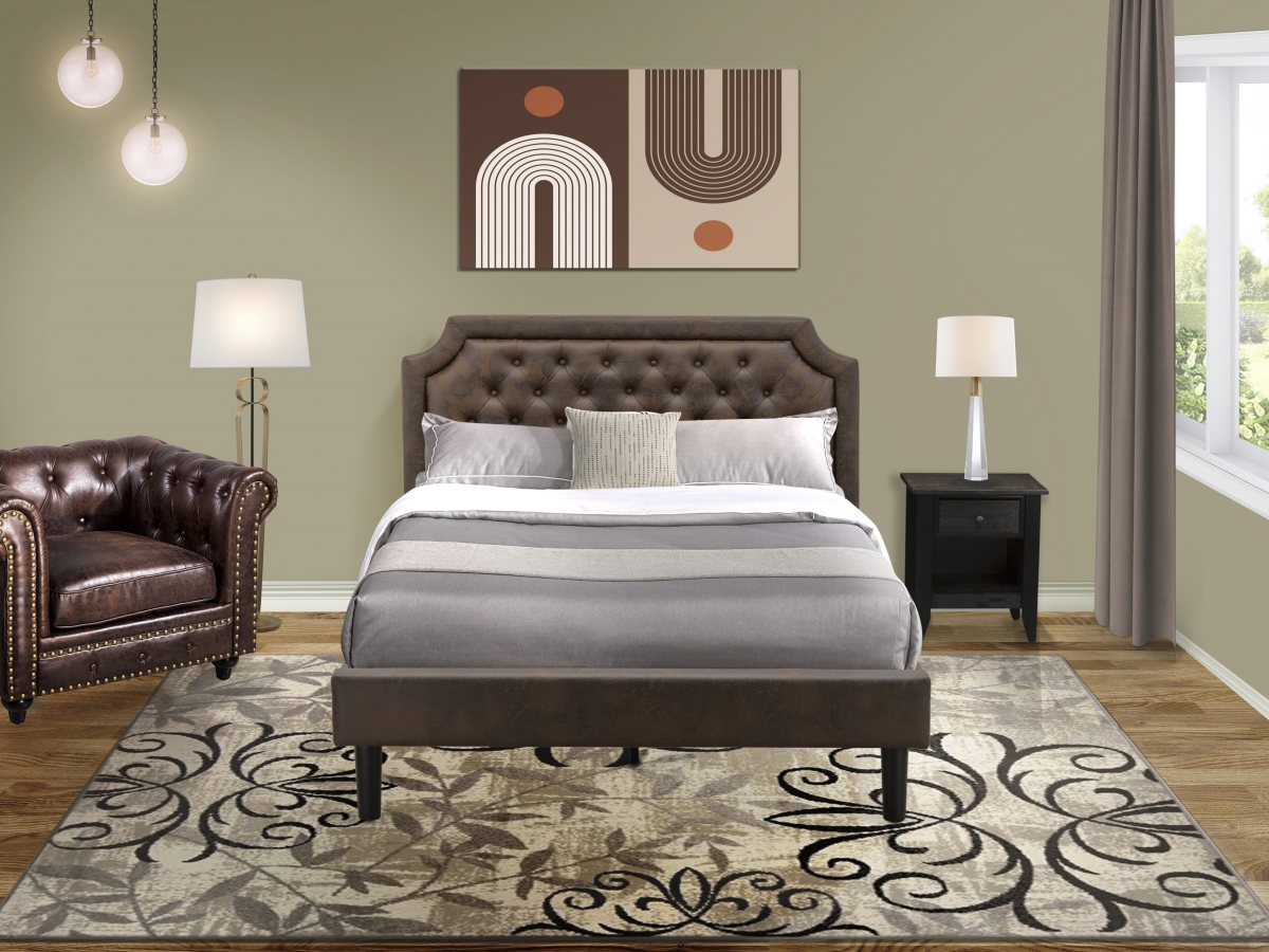 Wooden Set for Bedroom with Bed Frame & Wire Brushed Black Nightstand, Black Textured - Dark Brown Faux Leather & Black Legs - 2 Piece