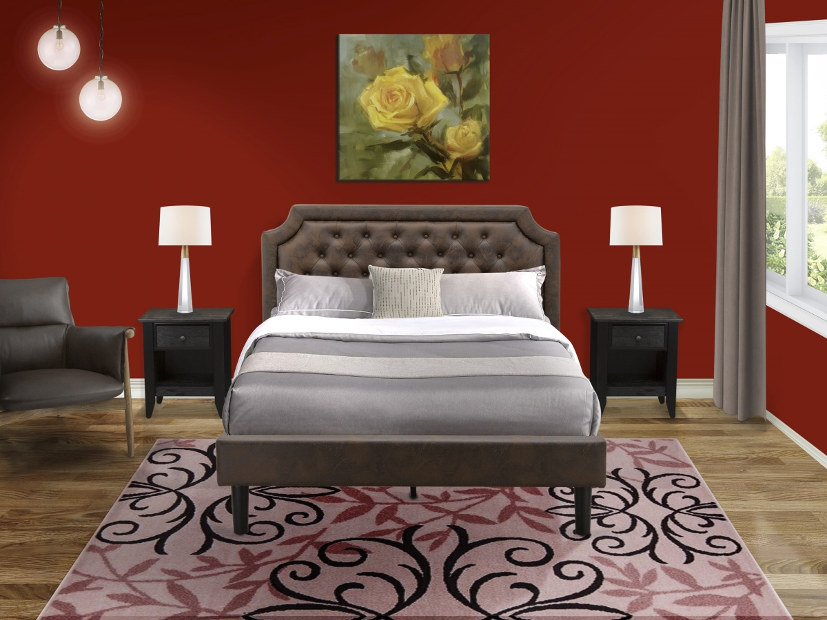 GB25Q-2GA06 Bedroom Set with Queen Bed & 2 Wire Brushed Black Bedroom Nightstand, Black Textured - Dark Brown Faux Leather & Black Legs - 3 Piece