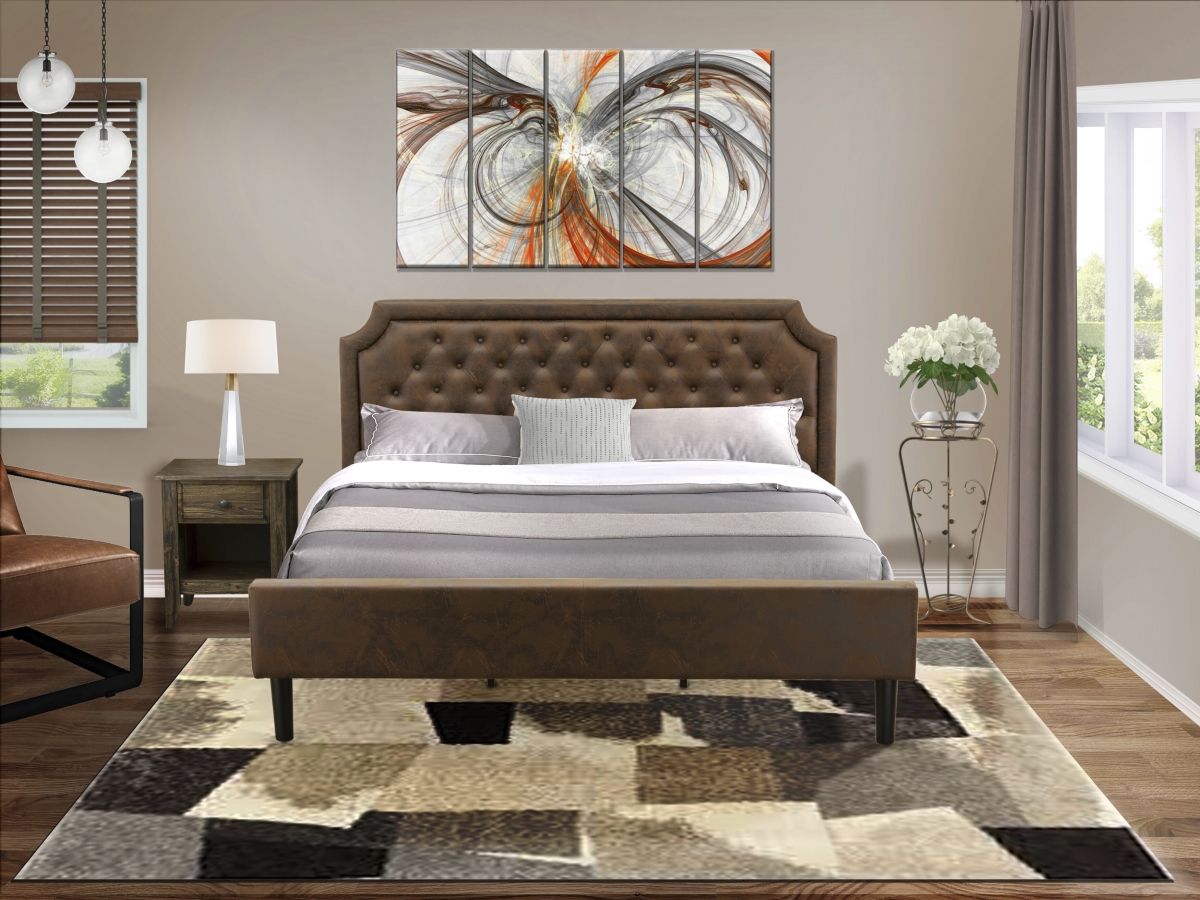 King Bedroom Set with Upholstered Bed & Distressed Jacobean Nightstand, Black Textured - Dark Brown Faux Leather & Black Legs - 2 Piece
