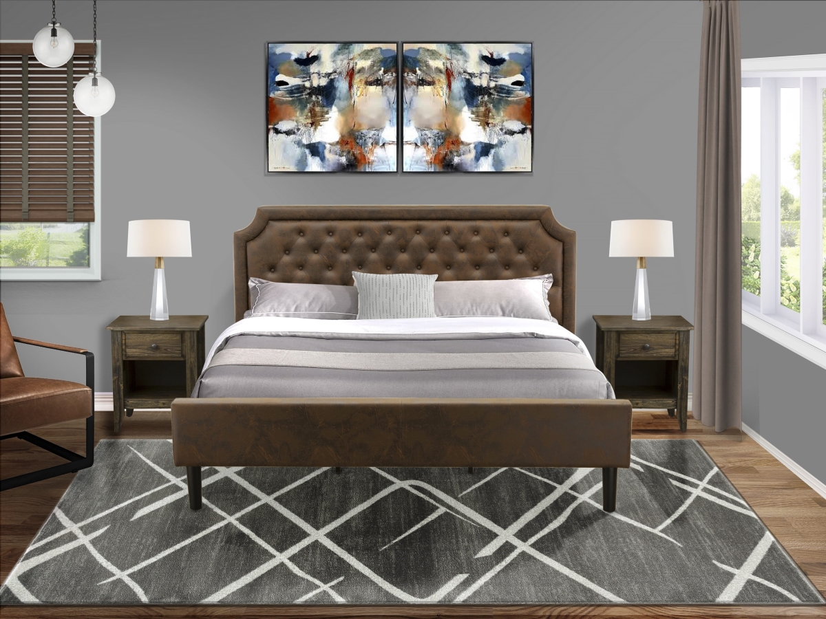 Platform Bedroom Set with King Bed & 2 Distressed Jacobean End Tables, Black Textured - Dark Brown Faux Leather & Black Legs - 3 Piece
