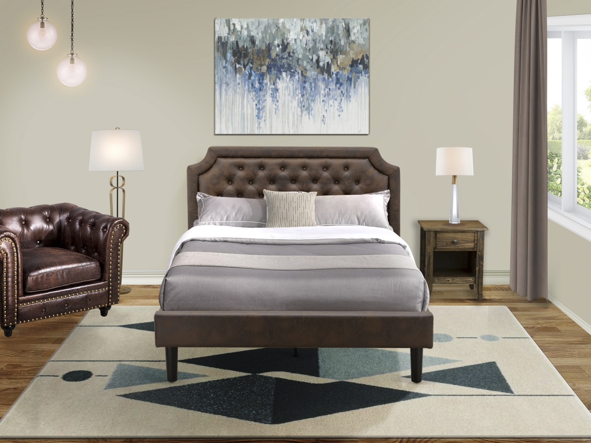 GB25Q-1GA07 Wooden Set for Bedroom with Bed & 1 Distressed Jacobean Night Stand, Black Textured - Dark Brown Faux Leather & Black Legs - 2 Piece