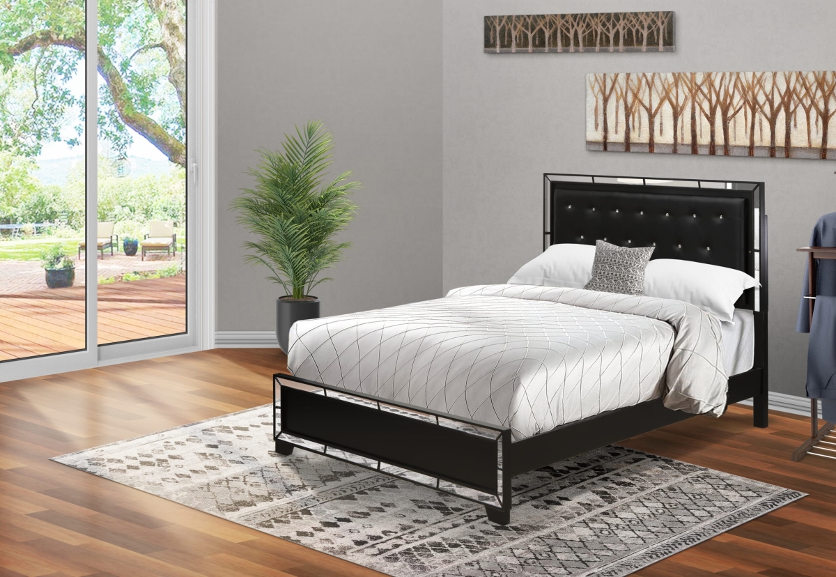 NE11-Q00000 Nella Platform Bed Frame with Button Tufted Headboard Faux Leather Headboard & Black Legs, Black - Queen Size