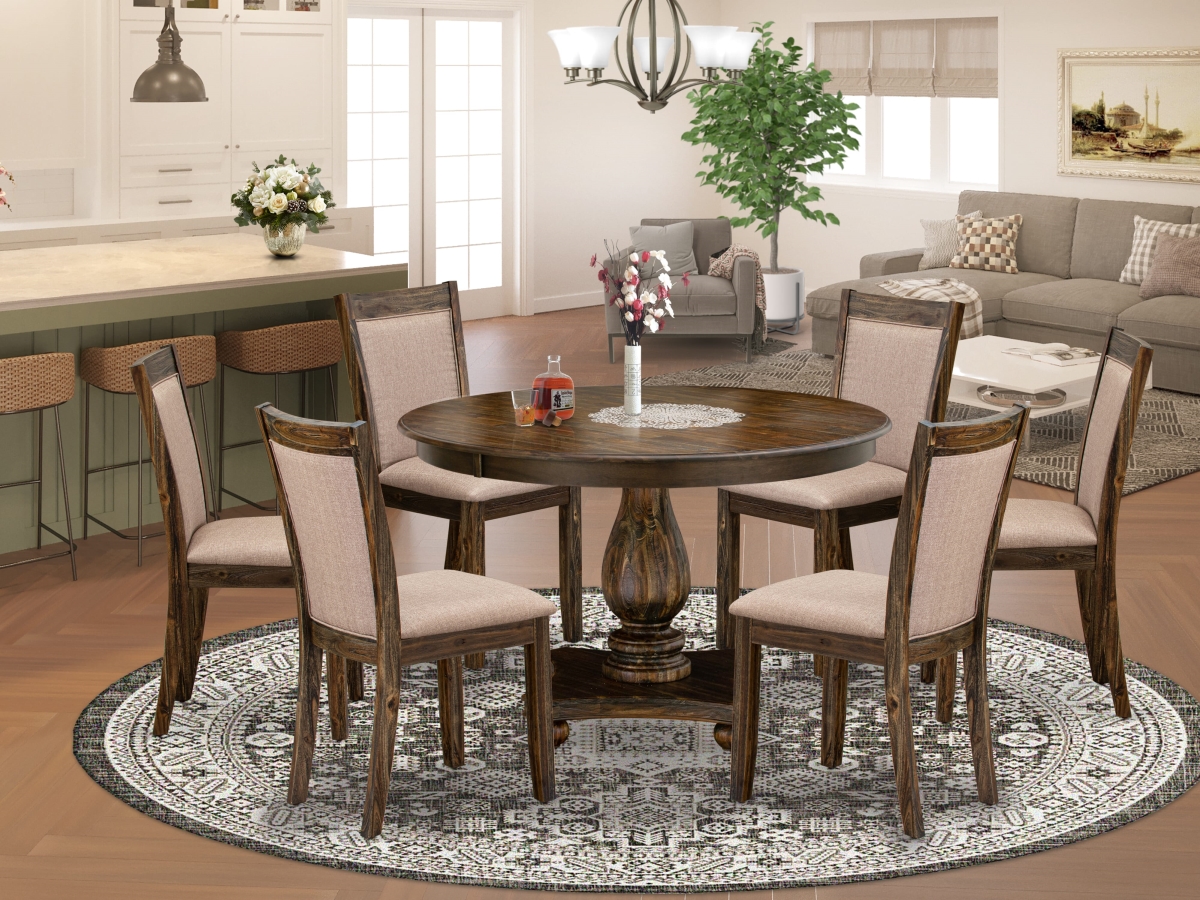F2MZ7-716 Dinner Table Set, Distressed Jacobean - A Dining Table & 6 Dark Khaki Linen Fabric Dining Chairs - 7 Piece