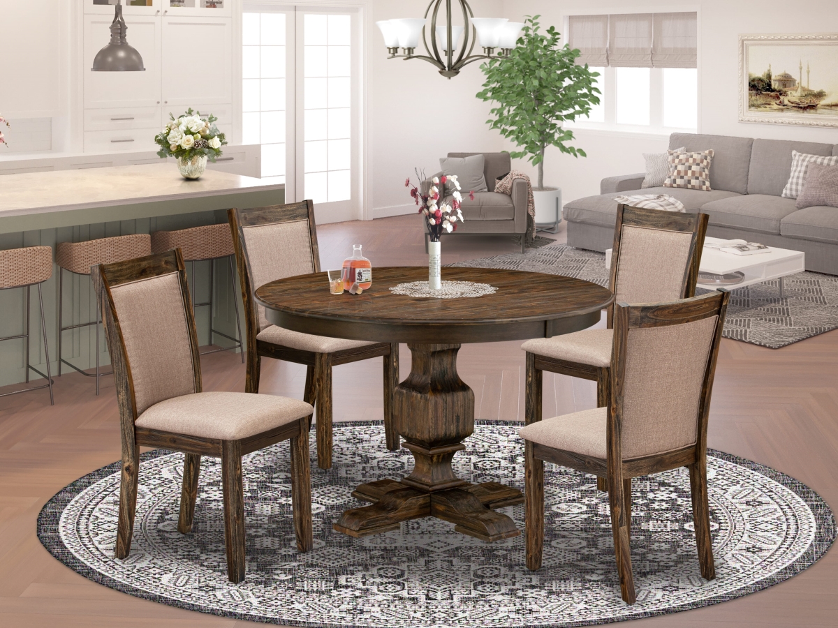 F3MZ5-716 Dining Set with A Dining Table & 4 Dark Khaki Linen Fabric Upholstered Chairs, Distressed Jacobean - 5 Piece