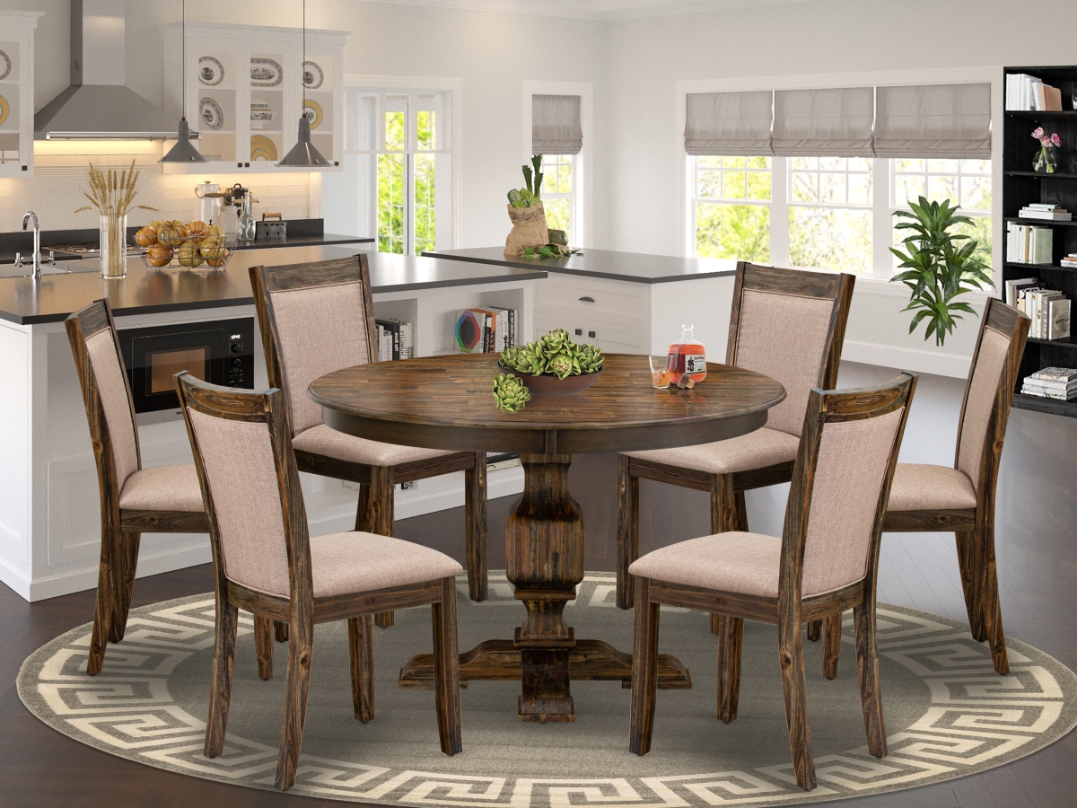 F3MZ7-716 Kitchen Table Set Contains A Wood Table & 6 Dark Khaki Linen Fabric Parson Chairs, Distressed Jacobean - 7 Piece