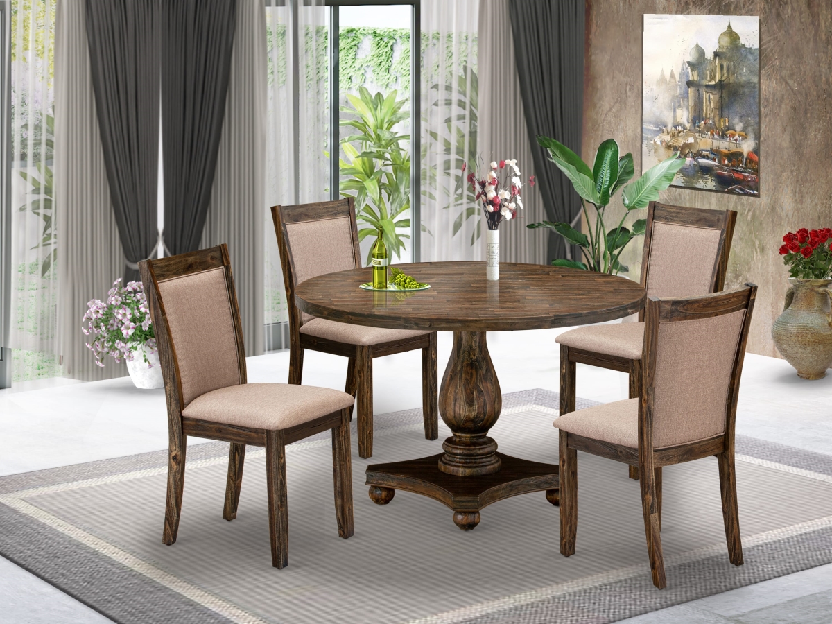 I2MZ5-716 Dining Room Set Contains A Dining Table & 4 Dark Khaki Linen Fabric Dining Chairs, Distressed Jacobean - 5 Piece