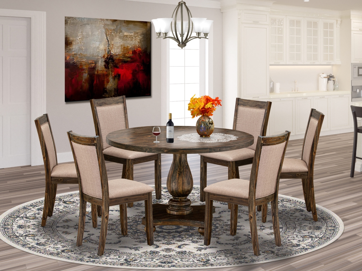 I2MZ7-716 Dining Set, Distressed Jacobean - A Dining Room Table & 6 Dark Khaki Linen Fabric Parson Chairs - 7 Piece