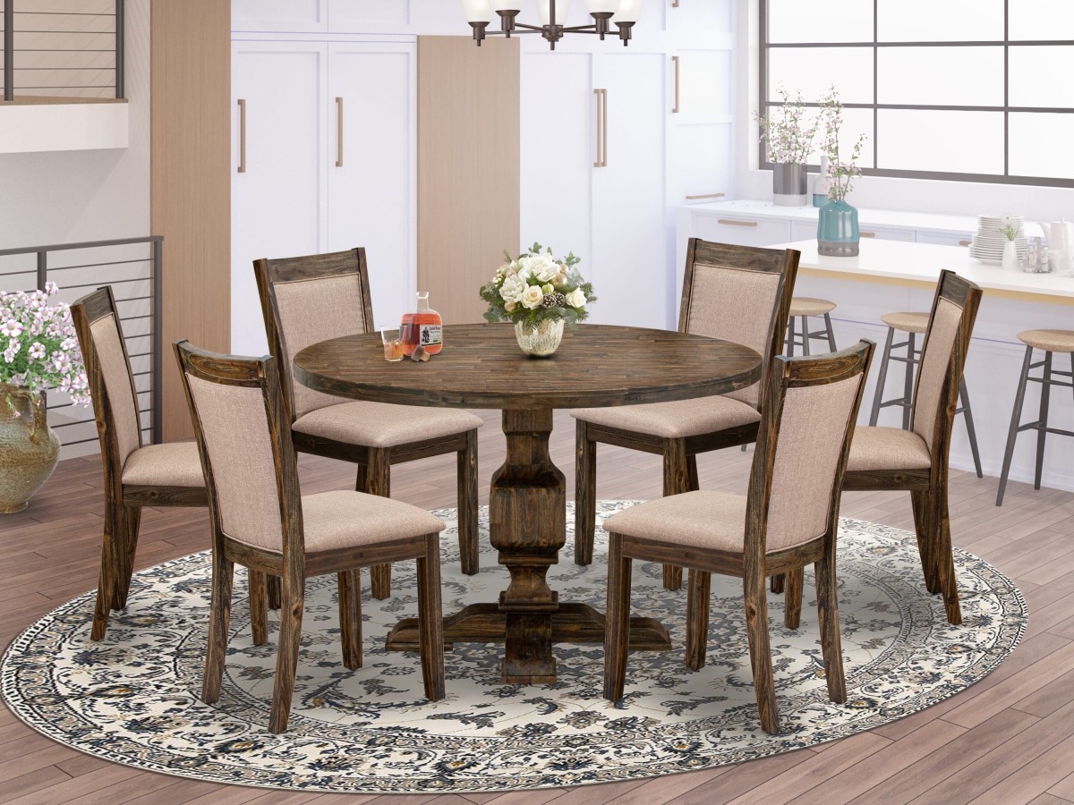 I3MZ7-716 Dining Set, Distressed Jacobean - A Wood Table & 6 Dark Khaki Linen Fabric Dining Room Chairs - 7 Piece