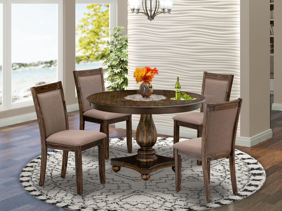F2MZ5-748 Dining Set, Distressed Jacobean - Round Table & 4 Coffee Parson Dining Chairs with High Back - 5 Piece