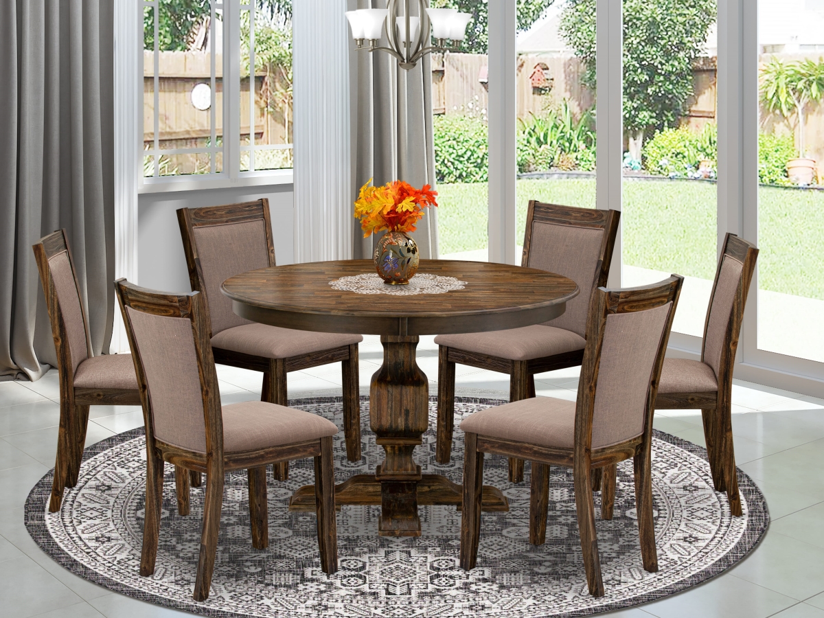 F3MZ7-748 Dinner Table Set, Distressed Jacobean - Kitchen Pedestal Table & 6 Coffee Parson Dinning Chairs - 7 Piece