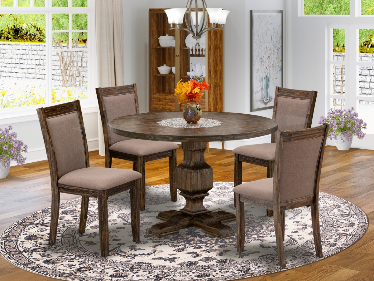 I3MZ5-748 Dining Set, Distressed Jacobean - Round Table & 4 Coffee Parson Chairs with High Back - 5 Piece