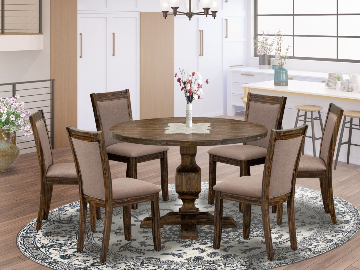 I3MZ7-748 Modern Dining Set, Distressed Jacobean - Wooden Table & 6 Coffee Parson Dining Chairs - 7 Piece