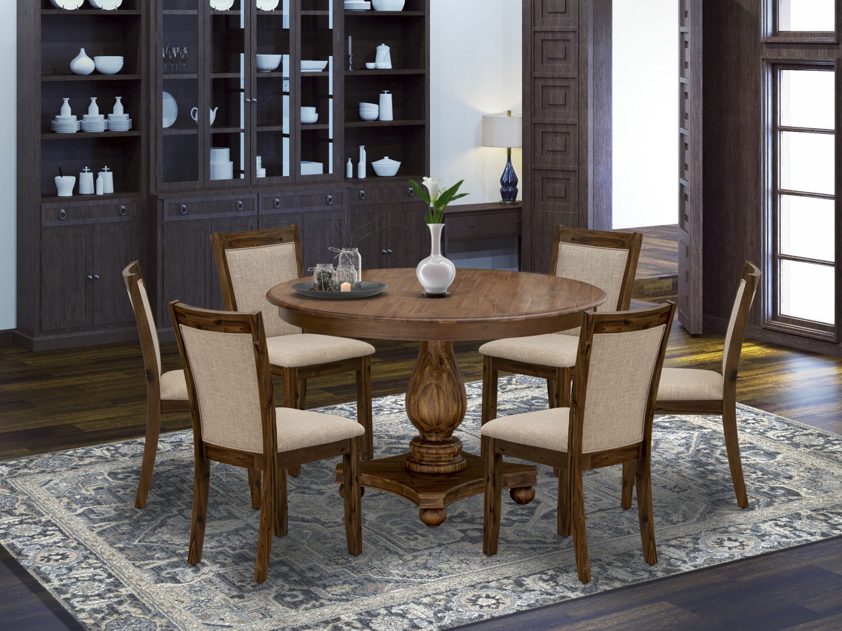 F2MZ7-N04 Modern Dining Set, Antique Walnut - Wooden Pedestal Table & 6 Light Tan Parson Chairs with High Back - 7 Piece