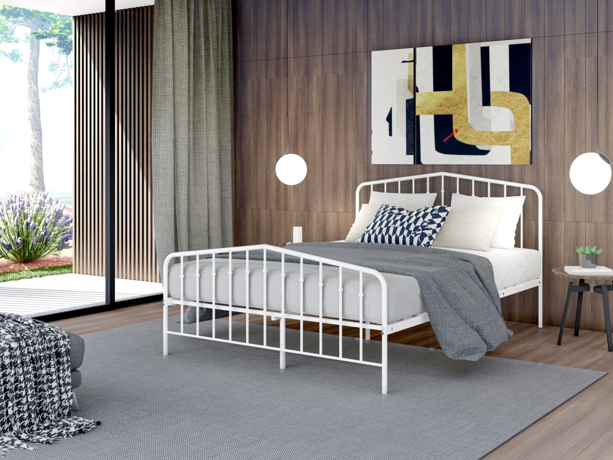 KHFBWHI Kemah Full Bed Frame with 3 Supporting Metal Legs, White - Deluxe Bed in Powder Coating Linen White Color