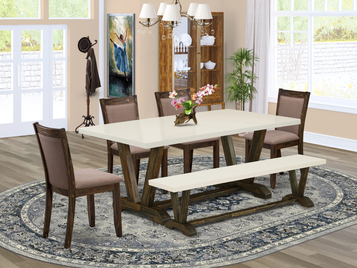 V727MZ748-6 Dining Set, Multi-Color - A Dining Table In Trestle Base with Bench & 4 Coffee Dinner Chairs - 6 Piece