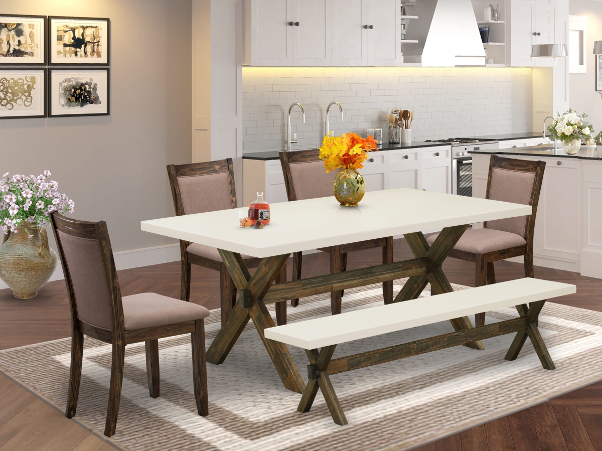 X727MZ748-6 Dining Set, Multi-Color - A Dinning Table In Trestle Base with Bench & 4 Coffee Dinner Chairs - 6 Piece