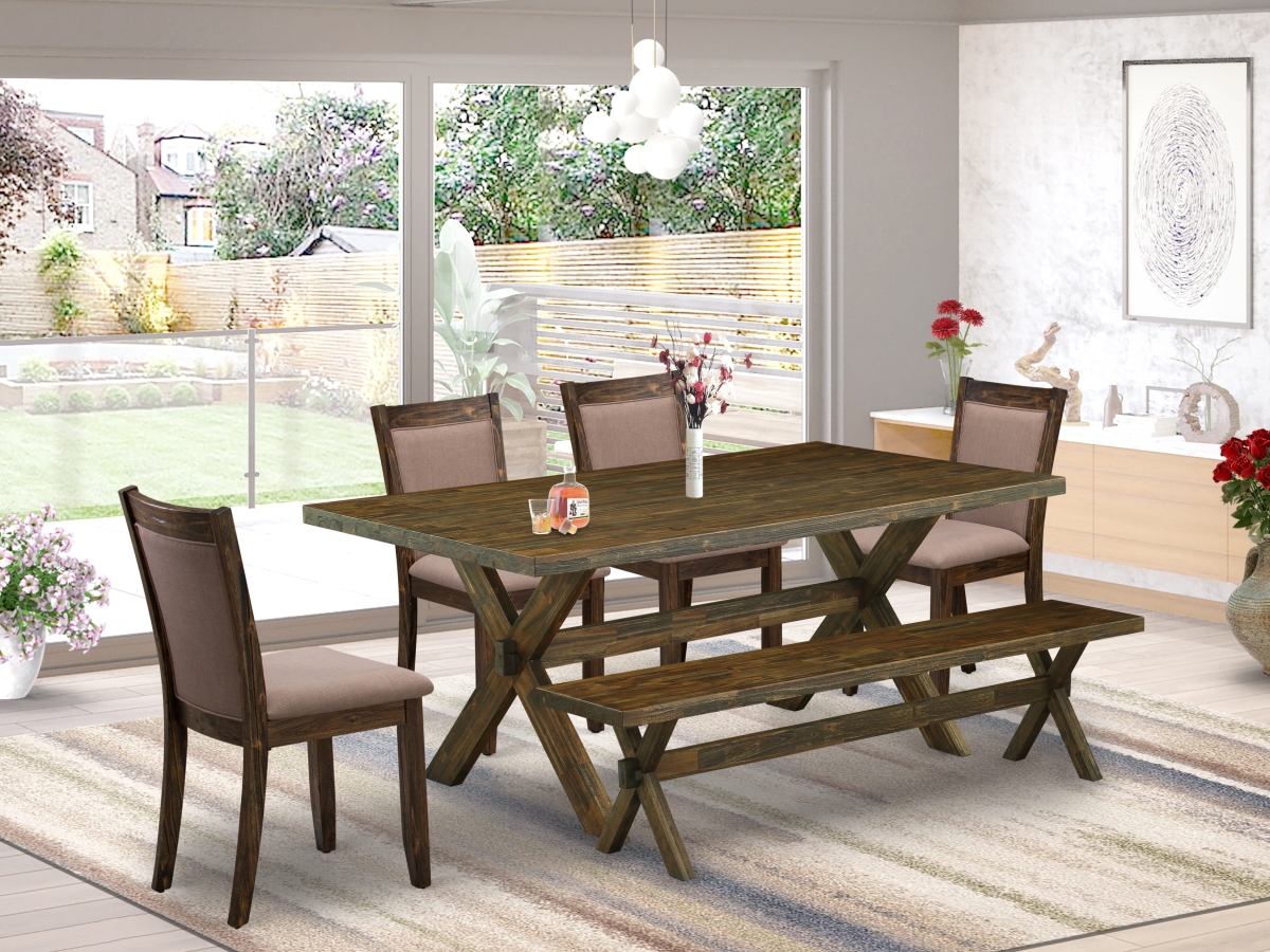 X777MZ748-6 Dining Set, Multi-Color - A Dining Table In Trestle Base with Bench & 4 Coffee Kitchen Chairs - 6 Piece