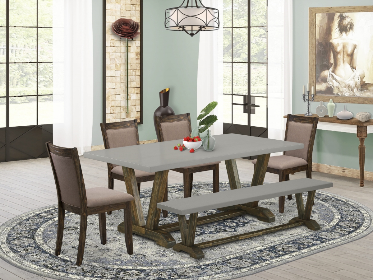 V797MZ748-6 Kitchen Table Set, Multi-Color - A Wood Table In Trestle Base with Wood Bench & 4 Coffee Chairs - 6 Piece