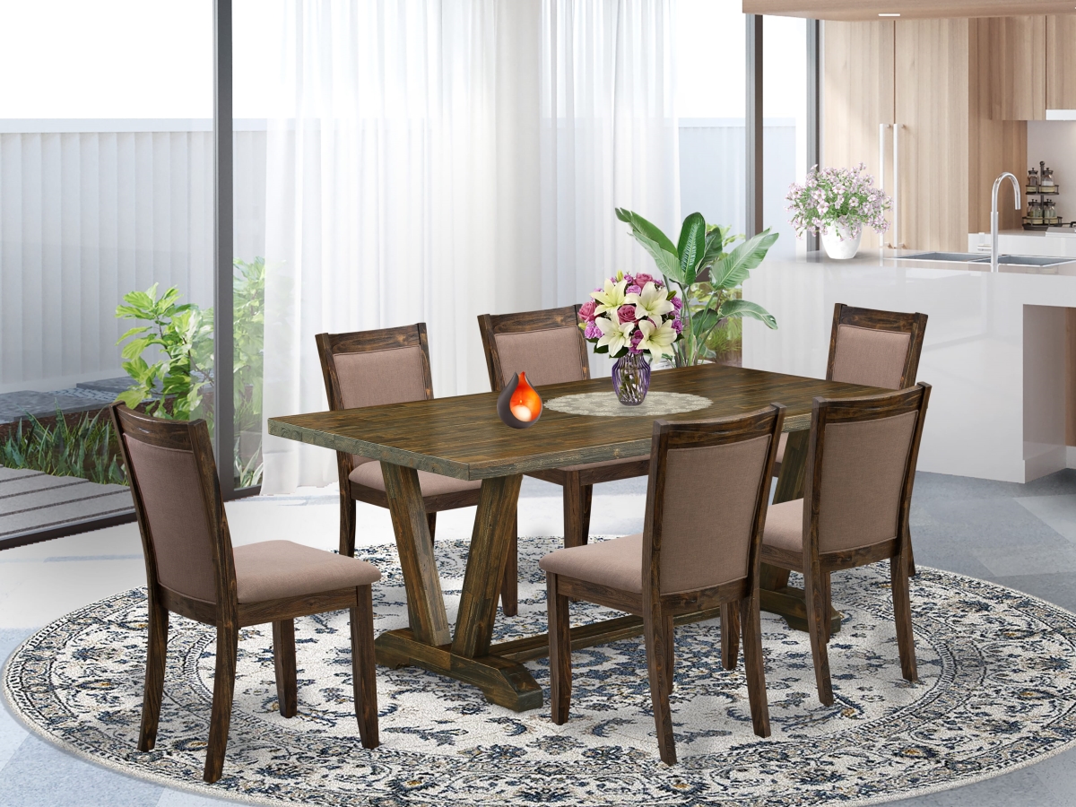 V777MZ748-7 Dinner Table Set, Multi-Color - A Dinner Table with Trestle Base & 6 Coffee Dining Chairs - 7 Piece