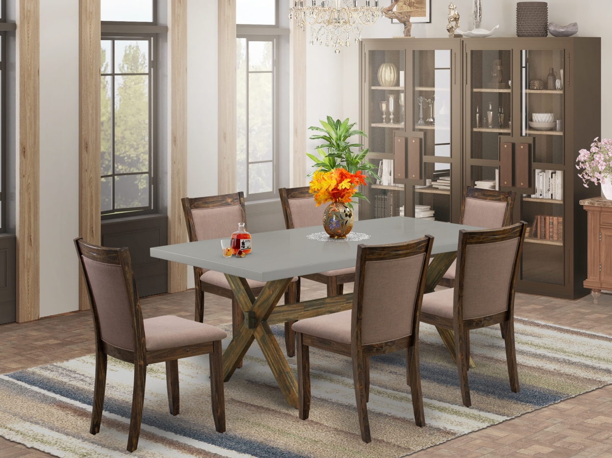 X797MZ748-7 Modern Dinner Table Set, Multi-Color - A Wood Table with Trestle Base & 6 Coffee Dining Chairs - 7 Piece