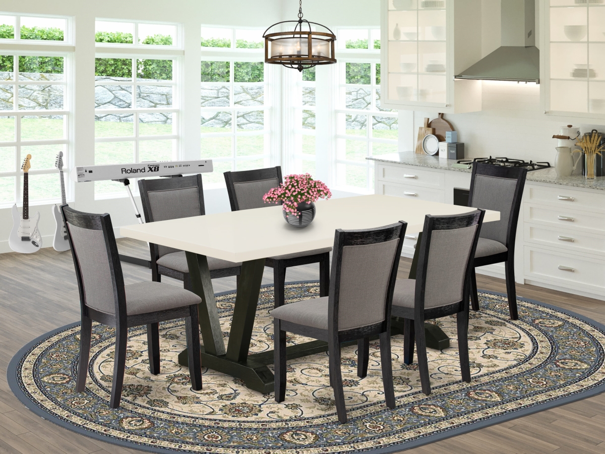 V627MZ650-7 Kitchen Table Set, Multi-Color - Linen White Dinner Table with 6 Dark Gotham Gray Dining Chairs - 7 Piece