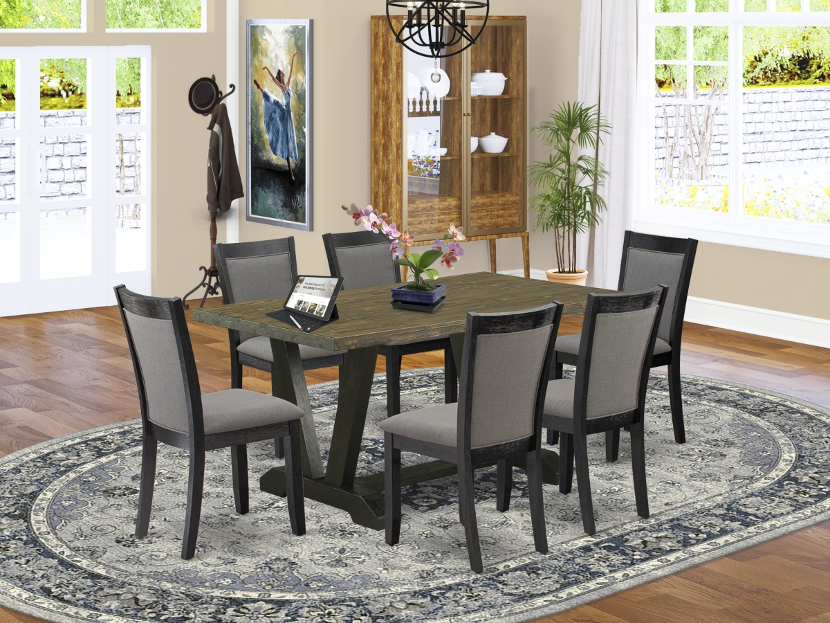 V676MZ650-7 Dinette Set, Multi-Color - Distressed Jacobean Table with 6 Dark Gotham Gray Linen Fabric Chairs - 7 Piece