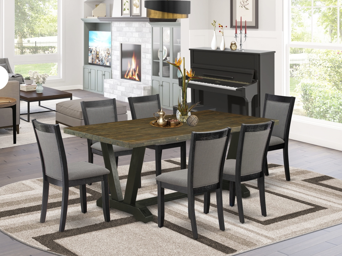 V677MZ650-7 Table Set, Multi-Color - Distressed Jacobean Dining Table with 6 Dark Gotham Gray Dining Chairs - 7 Piece