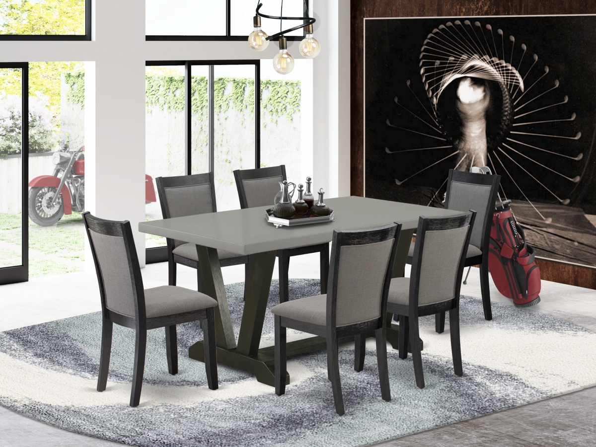 V696MZ650-7 Dining Set, Multi-Color - Cement Table with 6 Dark Gotham Gray Linen Fabric Dining Room Chairs - 7 Piece