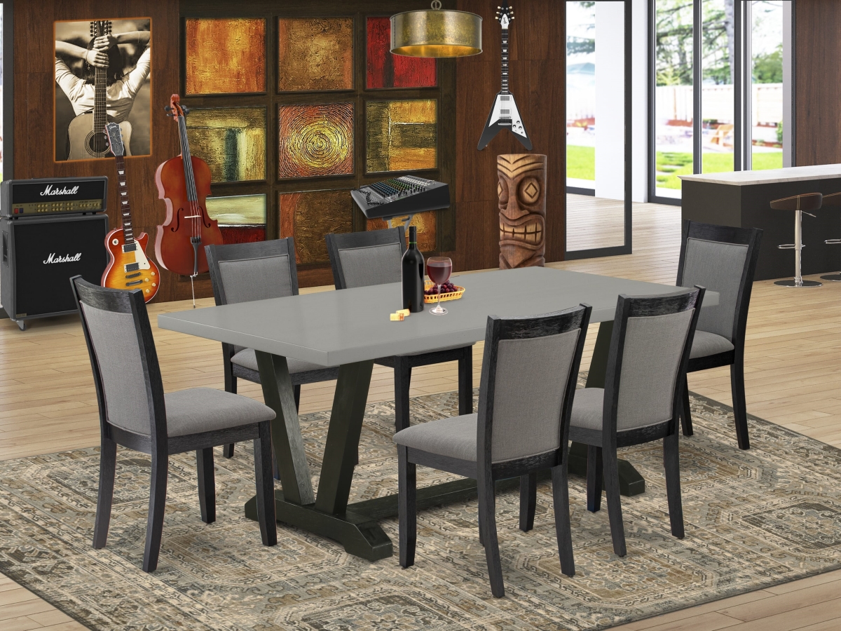 V697MZ650-7 Dinette Set, Multi-Color - Cement Kitchen Table with 6 Dark Gotham Gray Mid Century Dining Chairs - 7 Piece