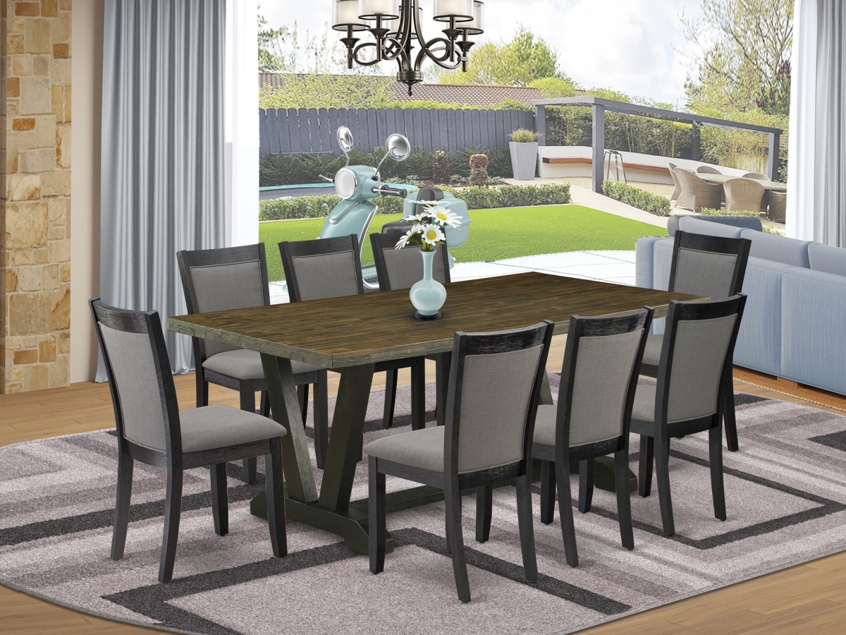 V677MZ650-9 Table Set, Multi-Color - Distressed Jacobean Wood Table with 8 Dark Gotham Gray Parson Chairs - 9 Piece